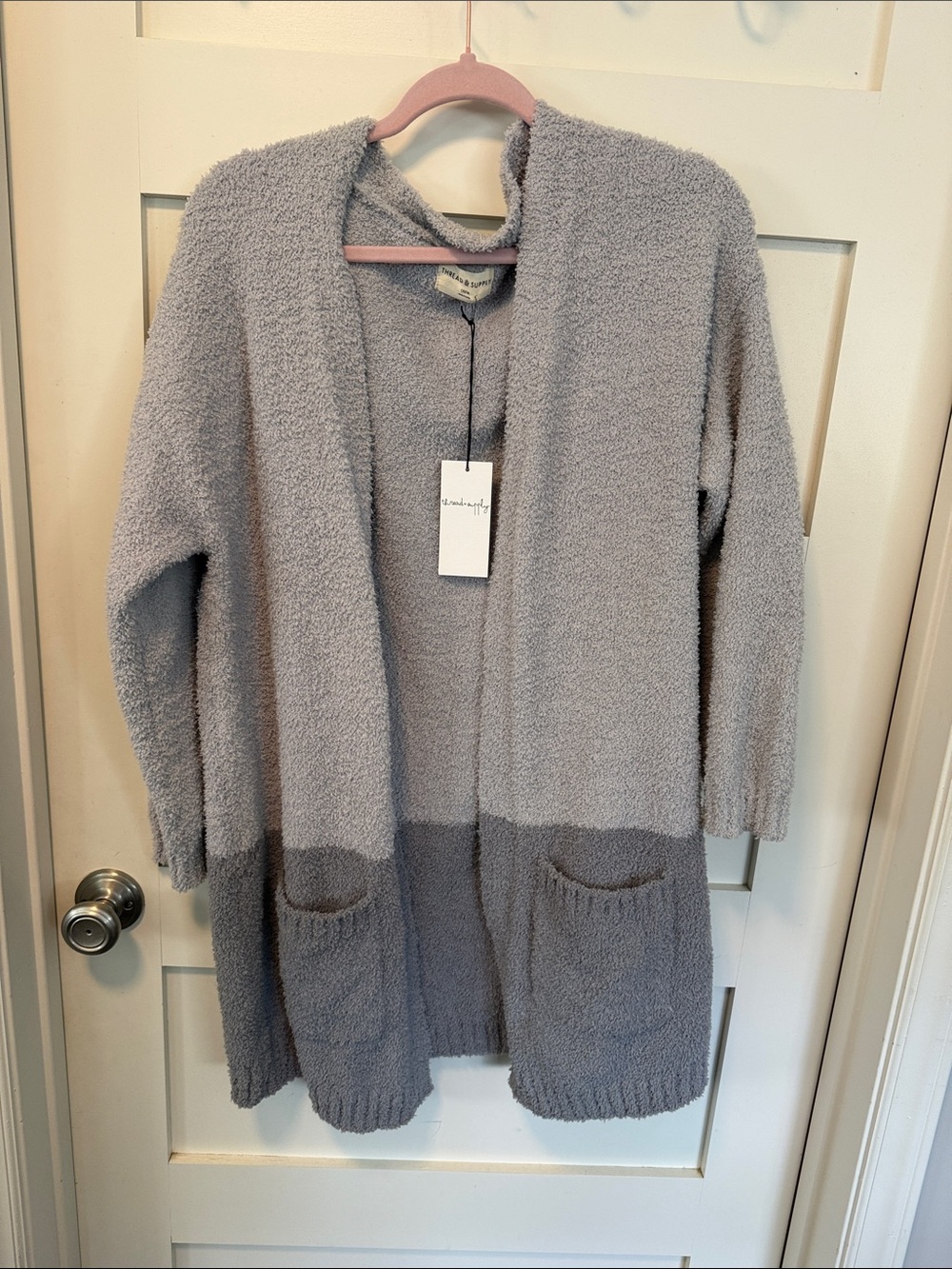 Thread & Supply Two-Tone Light Gray and Dark Gray Open-Front Cardigan